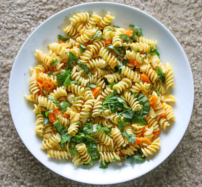 Fusilli Alla Caprese Recipe-Pasta With Cherry Tomatoes And Basil Leaves